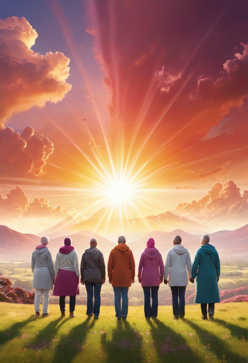 A powerful scene depicting a diverse group of cancer survivors standing together, radiating hope and strength, with a backdrop of a vibrant landscape symbolizing recovery and resilience. Infographics illustrating the latest oncology research and anti-cancer strategies can be subtly integrated around them. The sunlight breaking through clouds signifies renewed life and empowerment. super-realistic. vibrant colors. uplifting tone.