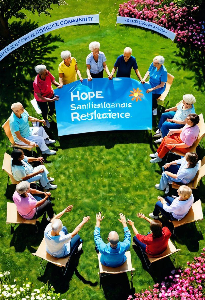 A heartwarming scene of a diverse group of people gathered in a park, holding hands and forming a support circle around a cancer patient sitting in the center, with colorful banners displaying messages of hope and advocacy. In the background, blooming flowers symbolize growth and resilience, while a clear blue sky represents optimism. The atmosphere is filled with warmth and camaraderie, encouraging a sense of community. vibrant colors. super-realistic.