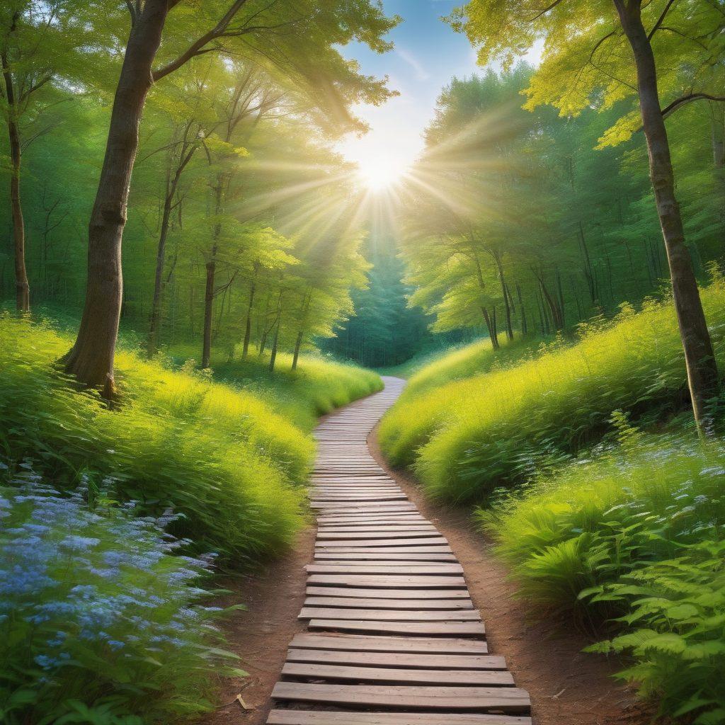A serene landscape depicting a winding path through a lush green forest symbolizing hope and resilience. Along the path, various resources like books and symbols of support are subtly integrated, representing strategies for cancer survivors. The sky is illuminated with warm, inviting sunlight filtering through the trees, suggesting empowerment and positivity. Emphasize a harmonious color palette with soft blues, greens, and yellows to evoke tranquility. super-realistic. vibrant colors. white background.